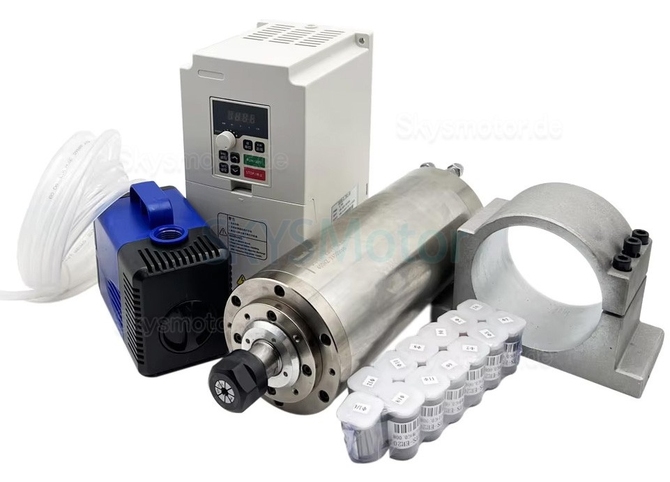 3kW 220V/380V Wassergek&uuml;hlt Spindelmotor-Kit JGD-100A-3.0KW + H100-3.7 mit Frequenzumrichter, Wasserpumpe, 13 ER20-Spannzangen und Halterung